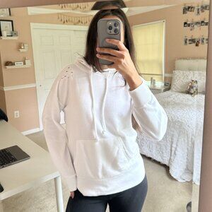 Forever 21 White Distressed Hoodie with Kangaroo Pocket Small